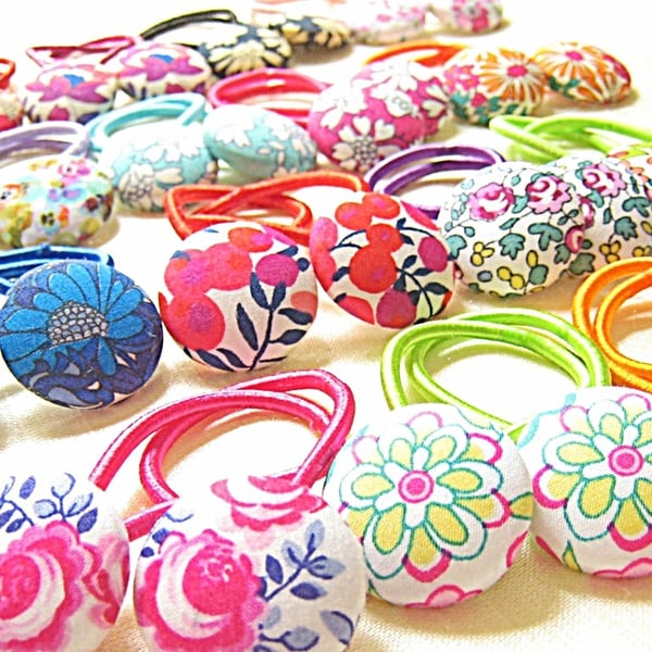 Liberty London Rainbow fabric button hair bobbles, bands, ponytails, bunches.