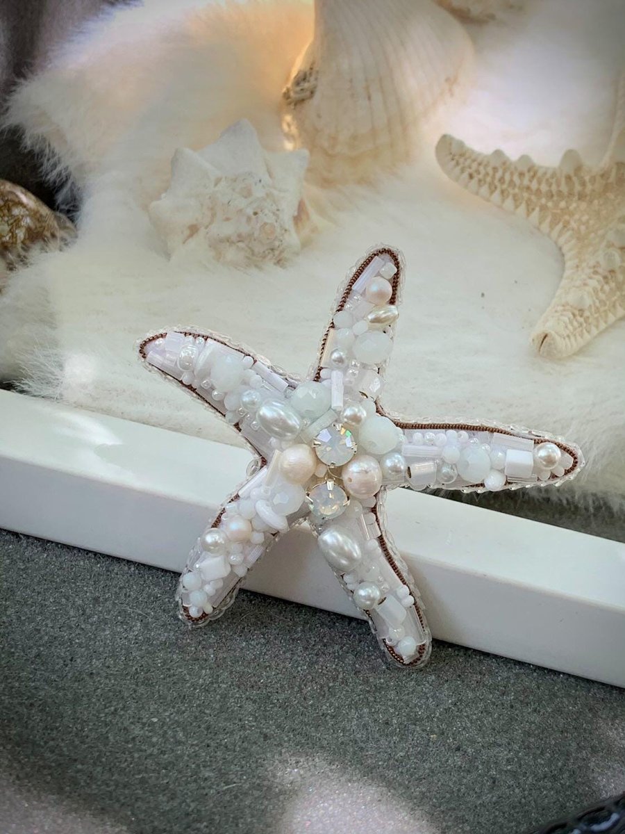 Handmade Beaded Starfish Brooch - Coastal Jewelry Gift - Unique Starfish Pin wit