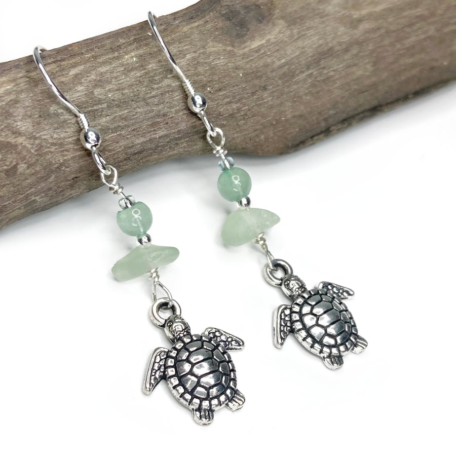 Turtle Earrings. Green Sea Glass & Aventurine Crystal Beads. Silver Jewellery