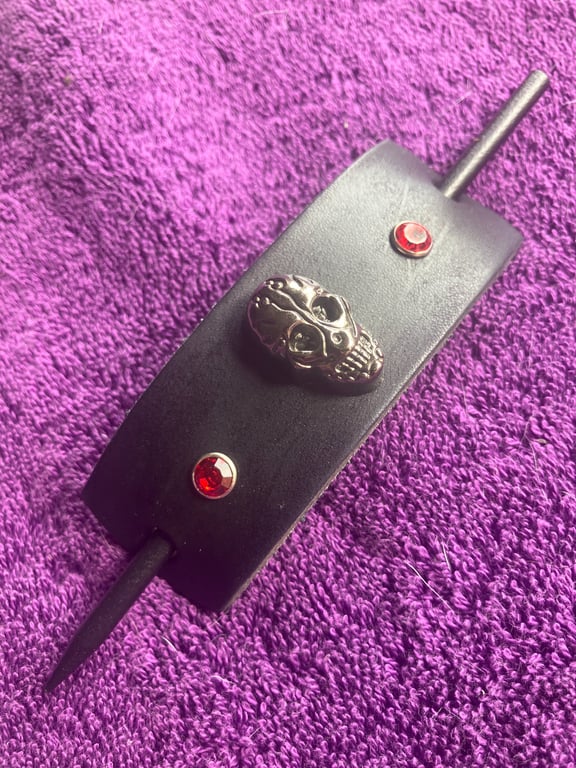 Dyed Black Leather Hair Stick Barrette - Skull centre and 2 Red Gemstones