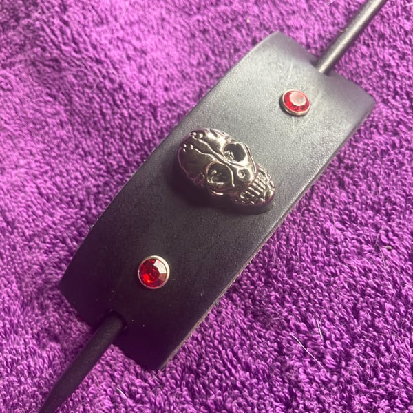 Dyed Black Leather Hair Stick Barrette - Skull centre and 2 Red Gemstones