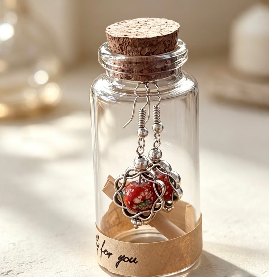 Silver, Turquoise and Orange Earrings in a Message Bottle