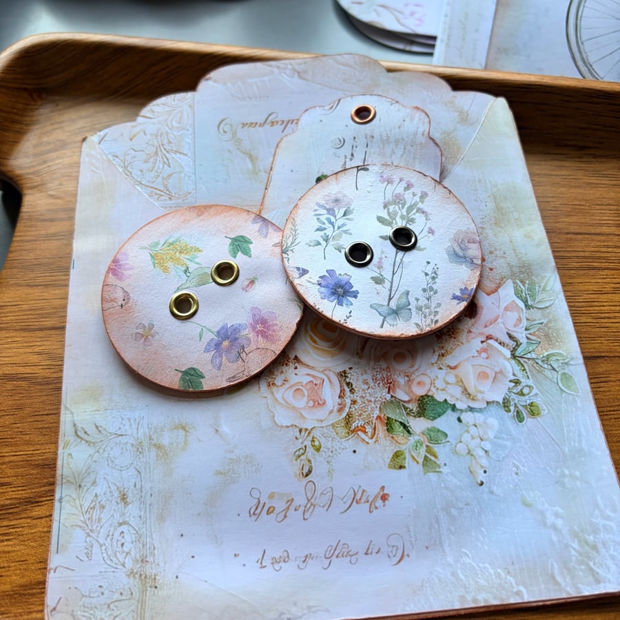 Handmade Vintage Floral Paper Buttons, Bookmark and Paper Pocket
