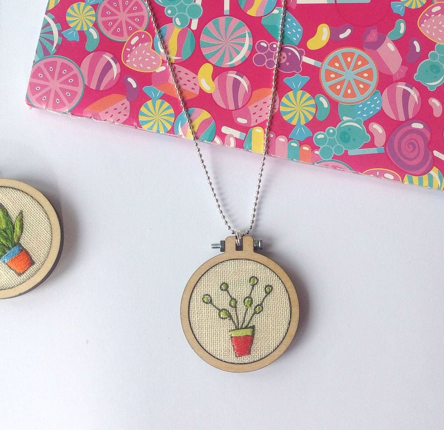 Hand Embroidered Mini Hoop Pot Plant Necklace
