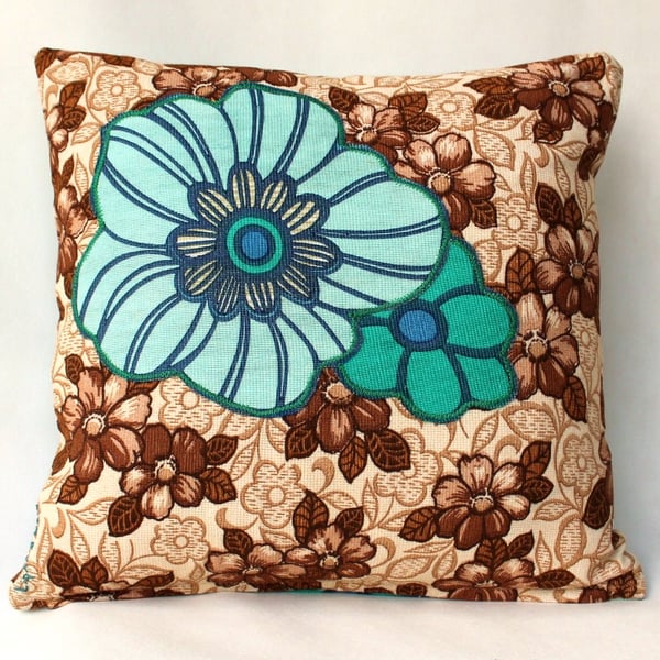 Vintage Reversible brown & blue Floral applique Cushion