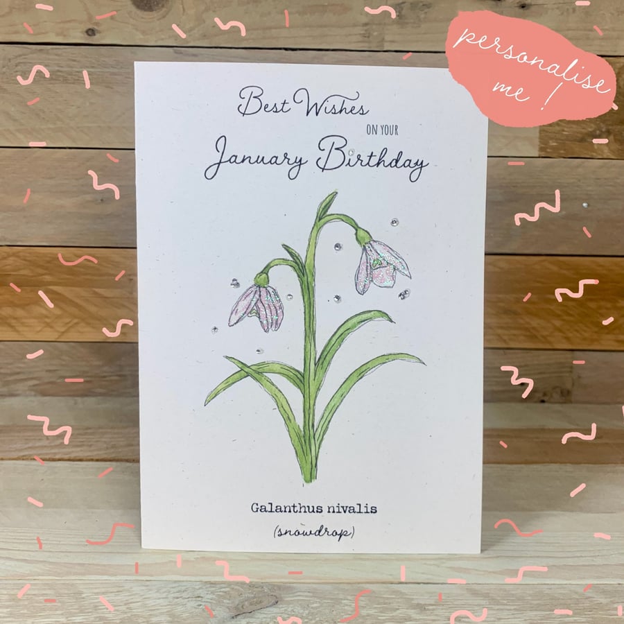January Birth Flower Birthday Card, snowdrop, womens birthday card, for her 