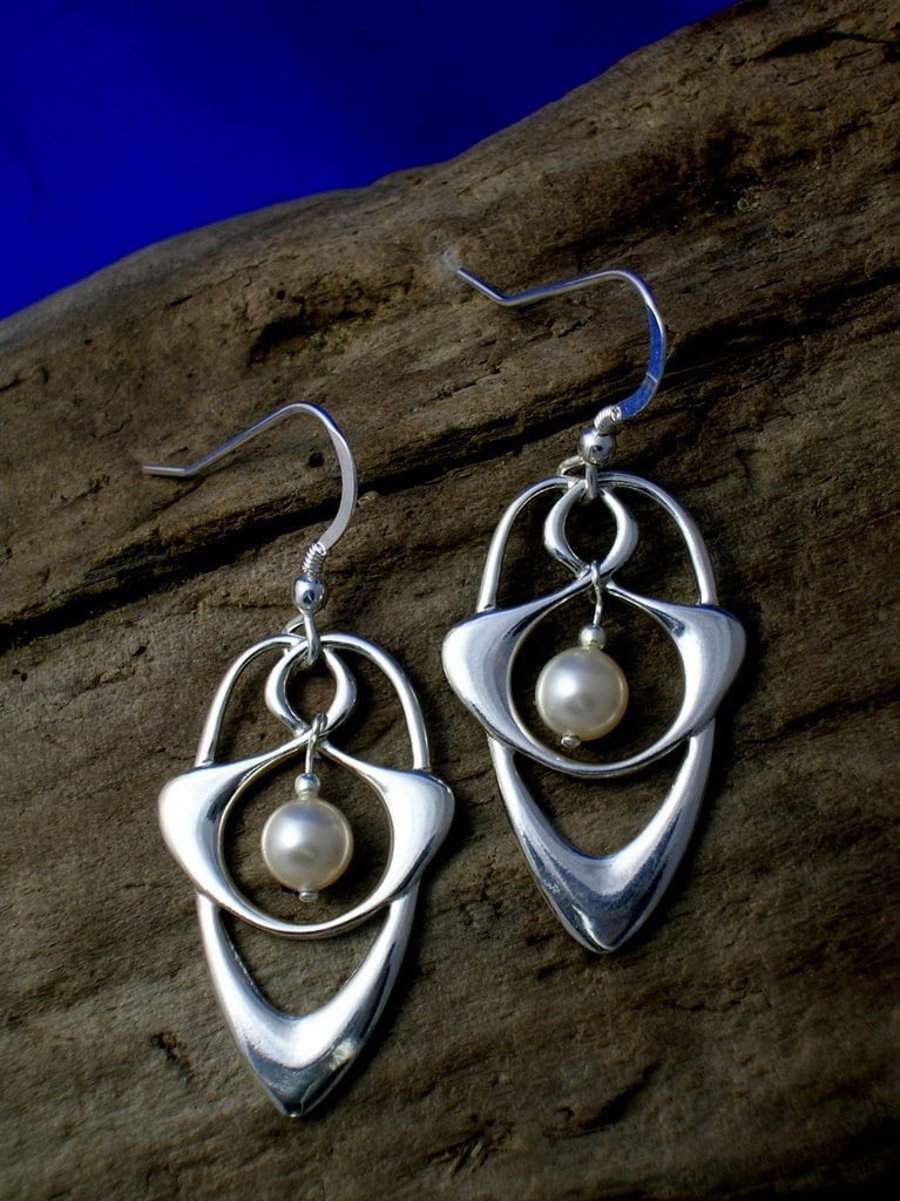 Silver and Pearl Art Nouveau Earrings, Pearl, Silver and pearl Celtic earrings, 