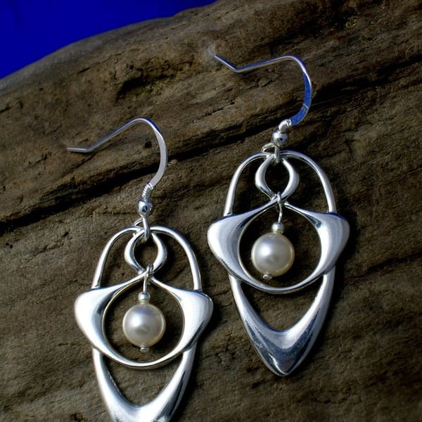 Silver and Pearl Art Nouveau Earrings, Pearl, Silver and pearl Celtic earrings, 