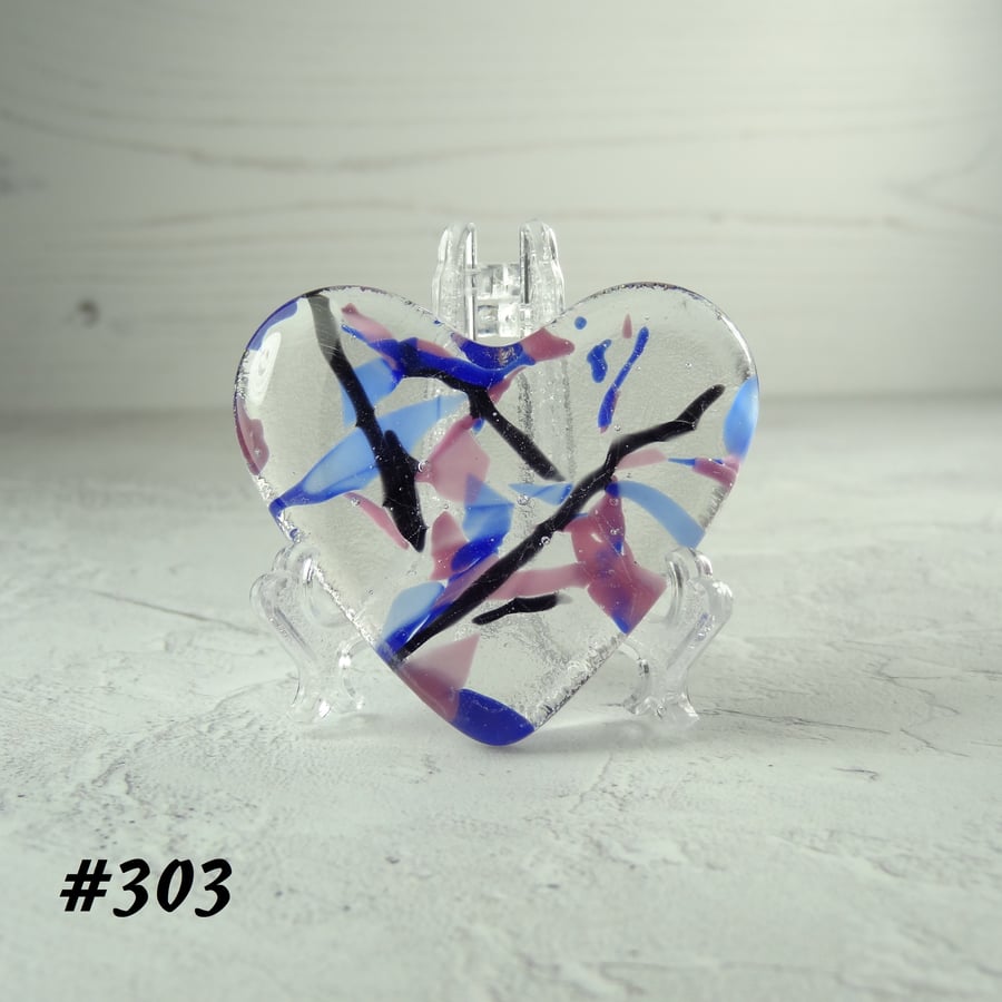 Pink blue black heart fused glass pocket hug with stand 5x4.5cm (303)