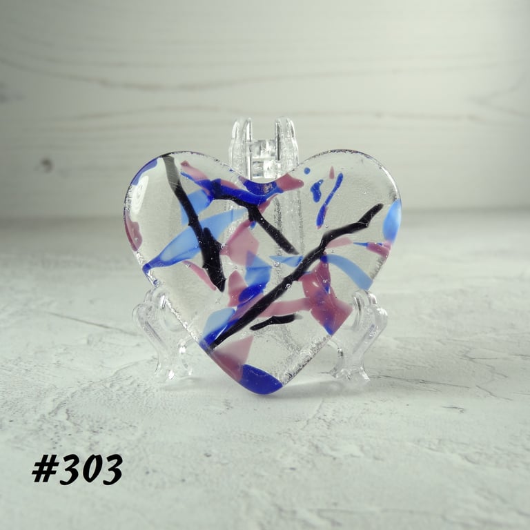 Pink blue black heart fused glass pocket hug with stand 5x4.5cm (303)