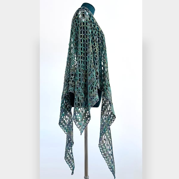 Handmade Crochet Shawl in Pure Merino Wool with Beads.