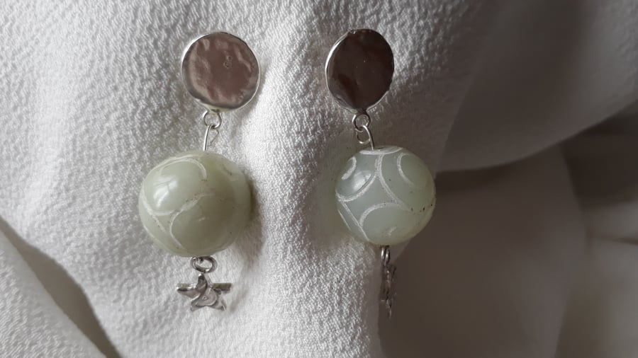 Silver and Carved Nephrite Jade Earring
