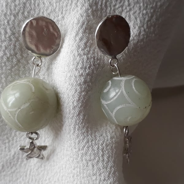 Silver and Carved Nephrite Jade Earring