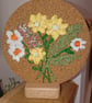 Flower bouquet embroidery on a round cork board, 15 cm
