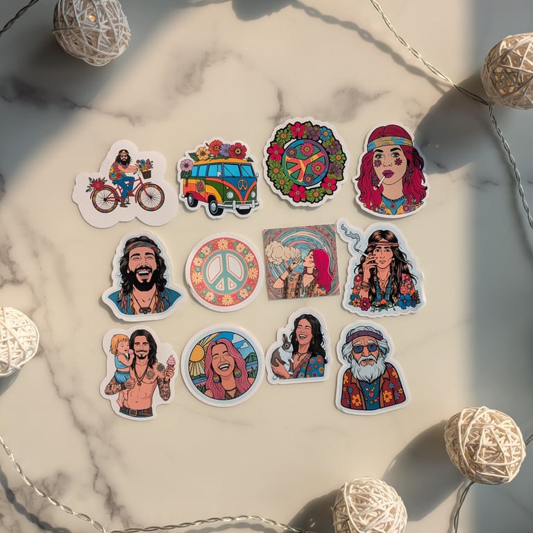 Hippie Sticker Pack of 12 Unique Vinyl Decals for Laptops & Journals