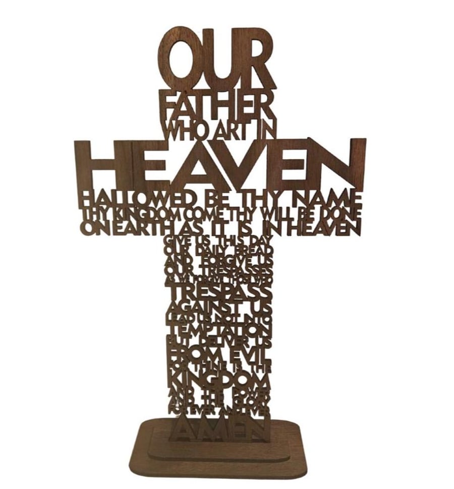 Wooden Lords Prayer Cross - Our Father - Walnut - Christian Home Decor