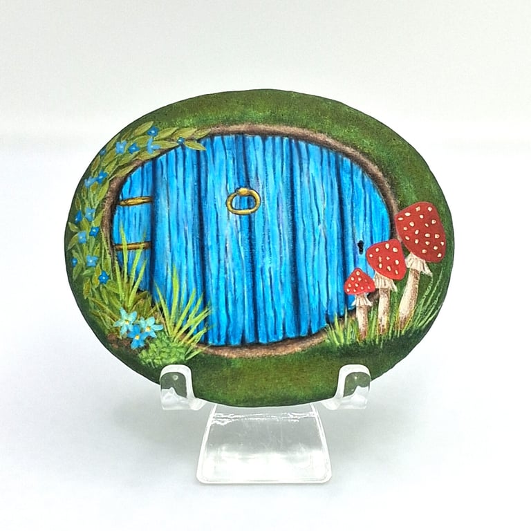 Oval Fairy Door Rock Art with Mushrooms