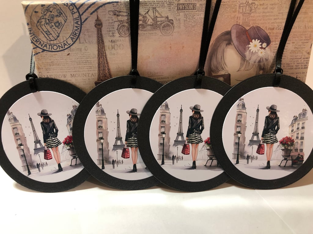 Paris Fashion Girl Gift Tags, Handmade Eiffel Tower Tags, Set of 4