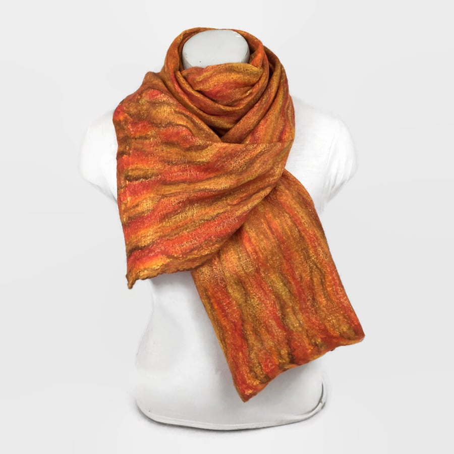 Orange nuno felted merino wool and cotton scarf