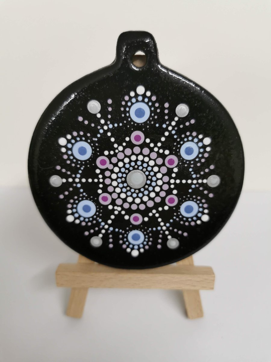 Hand painted blue and pink mandala Christmas tree ornament