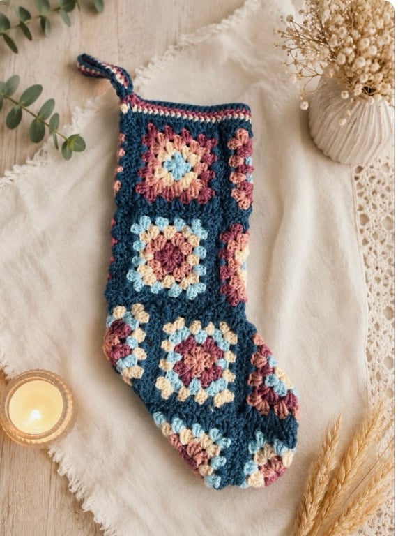 Handmade Crochet Granny Square Christmas Stocking - Boho Holiday Decor - Rustic 