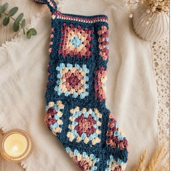Handmade Crochet Granny Square Christmas Stocking - Boho Holiday Decor - Rustic 