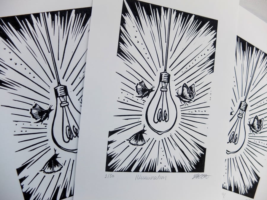 Illumination Moths and Light Bulb Lino Print 