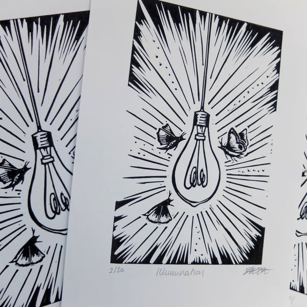 Illumination Moths and Light Bulb Lino Print 