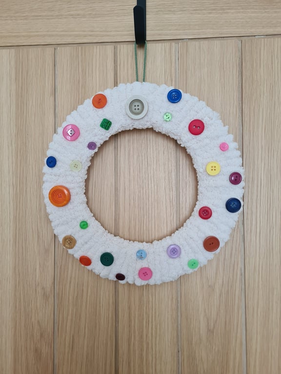 Cream Fluffy Rainbow Button Wreath - Colourful All Year Round Handmade Decor