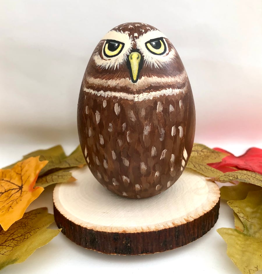 Little owl hand painted wooden egg ornament 