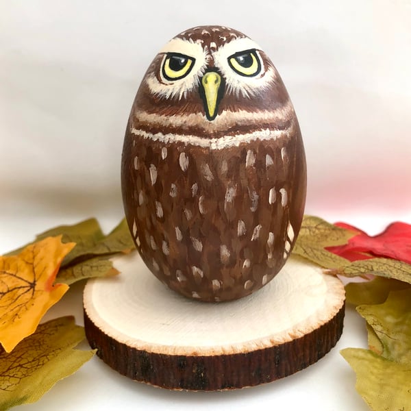 Little owl hand painted wooden egg ornament 