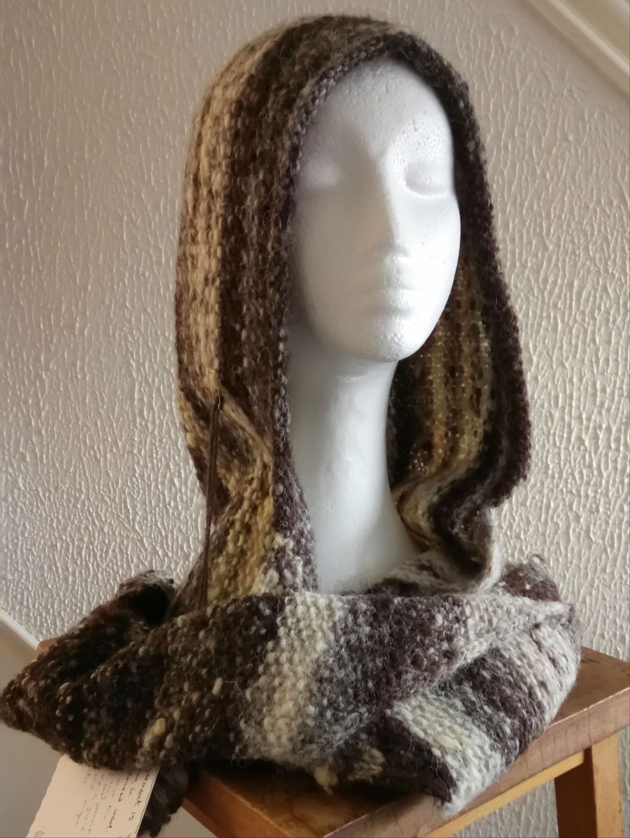 Handspun and Hand-knitted Hooded Scarf in Jacobs Wool