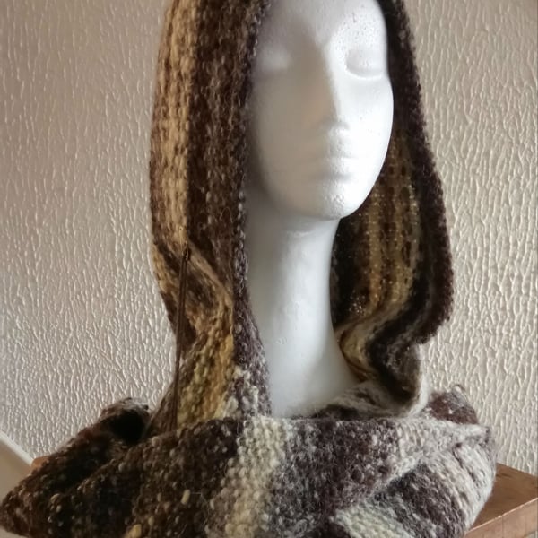 Handspun and Hand-knitted Hooded Scarf in Jacobs Wool