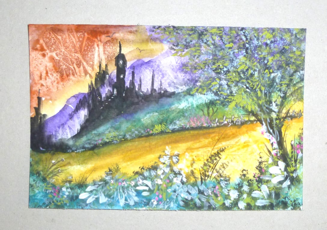fantasy miniature watercolour landscape painting ( ref FA 422 H3 )