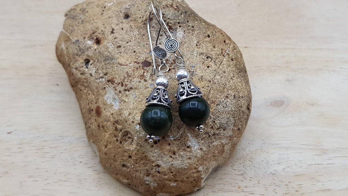 Green Jade cone earrings. 2nd anniversary gemstone