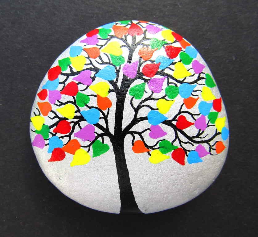 Tree Stone Painting, Love Gift, Hand Painted Pebble, LGBTQ, Anniversary Hearts