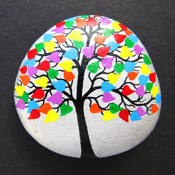 Tree Stone Painting, Love Gift, Hand Painted Pebble, LGBTQ, Anniversary Hearts