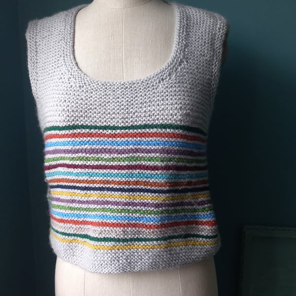 Hand knitted tank top. Rainbow colours. Size 10