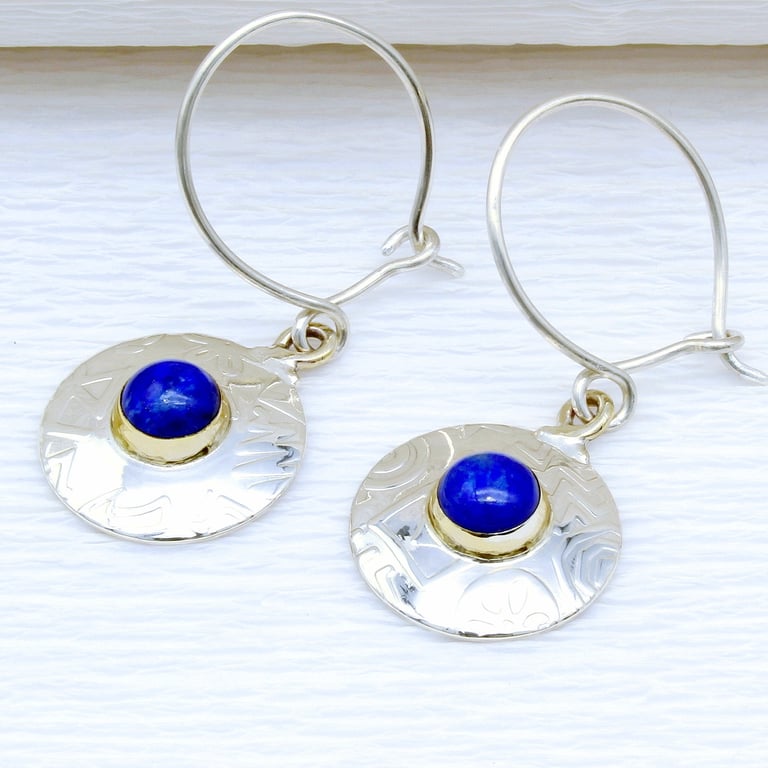 Round sterling silver earrings featuring Lapis lazuli, gemstone choice, slm.