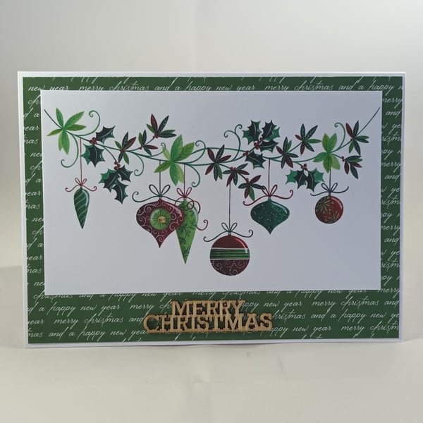 Handmade Christmas card - garland of baubles