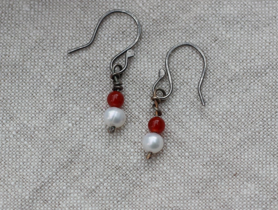 Freshwater pearl and carnelian Sterling silver drop earrings, gift for her