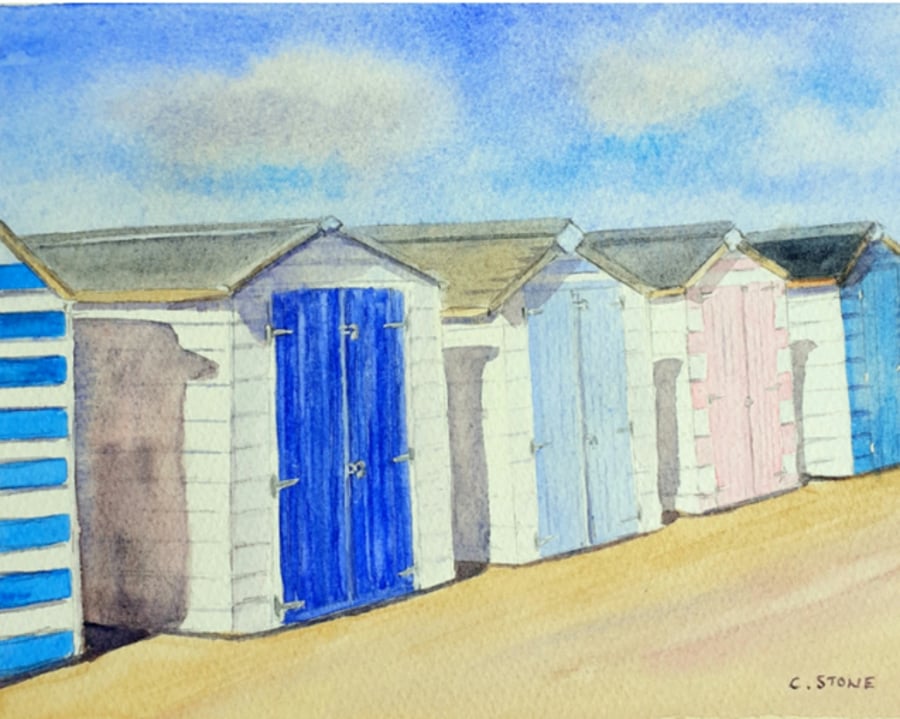 Small watercolour painting,  A Row of Beach Huts  230mm x 180mm