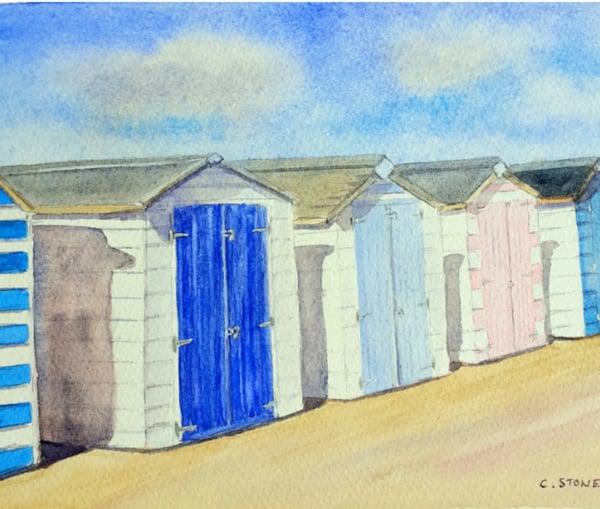 Small watercolour painting,  A Row of Beach Huts  230mm x 180mm