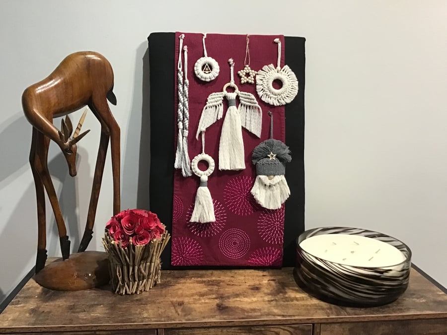 Boho macrame Christmas decoration set- grey trim