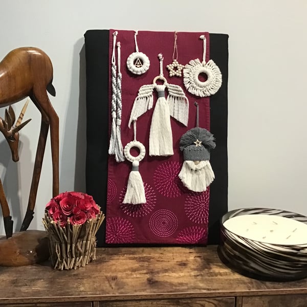 Boho macrame Christmas decoration set- grey trim