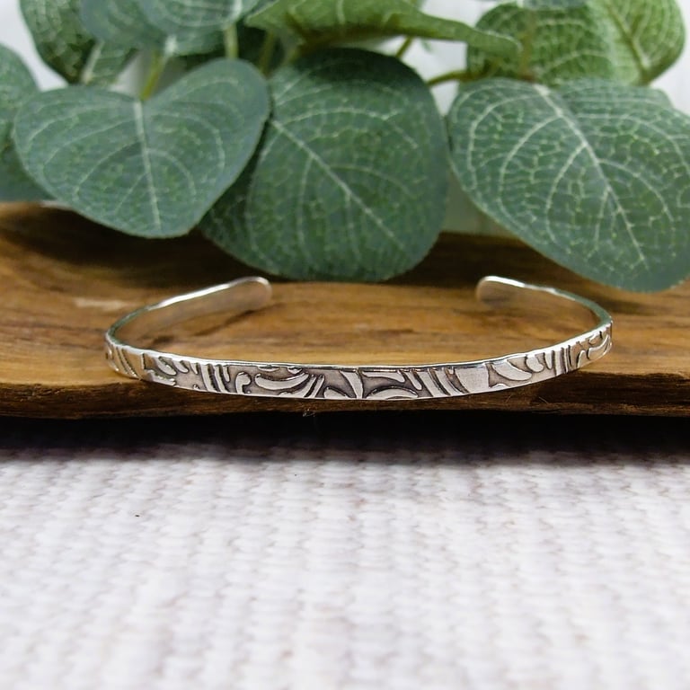 Silver Cuff - Embossed Abstract Pattern with Antiqued Finish. Size Medium