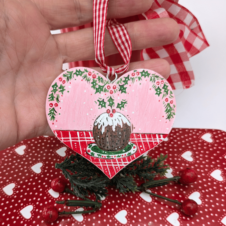 Christmas Pudding hand-painted Christmas heart decoration 
