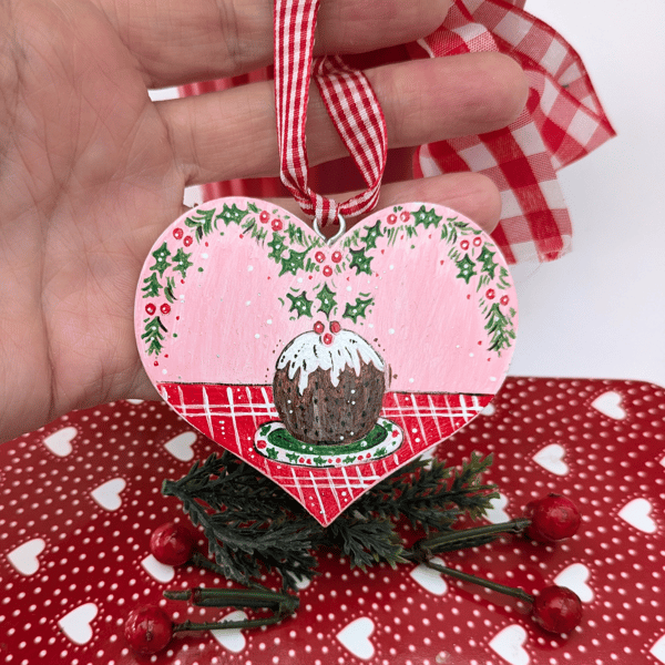 Christmas Pudding hand-painted Christmas heart decoration 