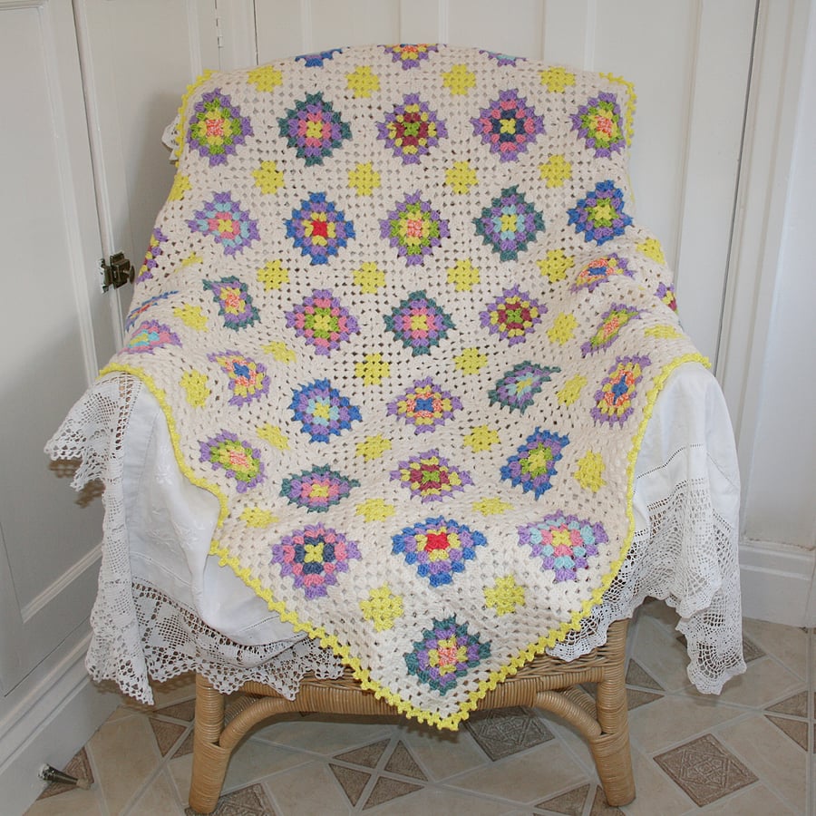 Blanket - cream, yellow and multi crochet