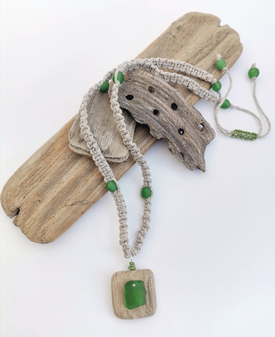 Driftwood and Sea Glass Macrame Necklace
